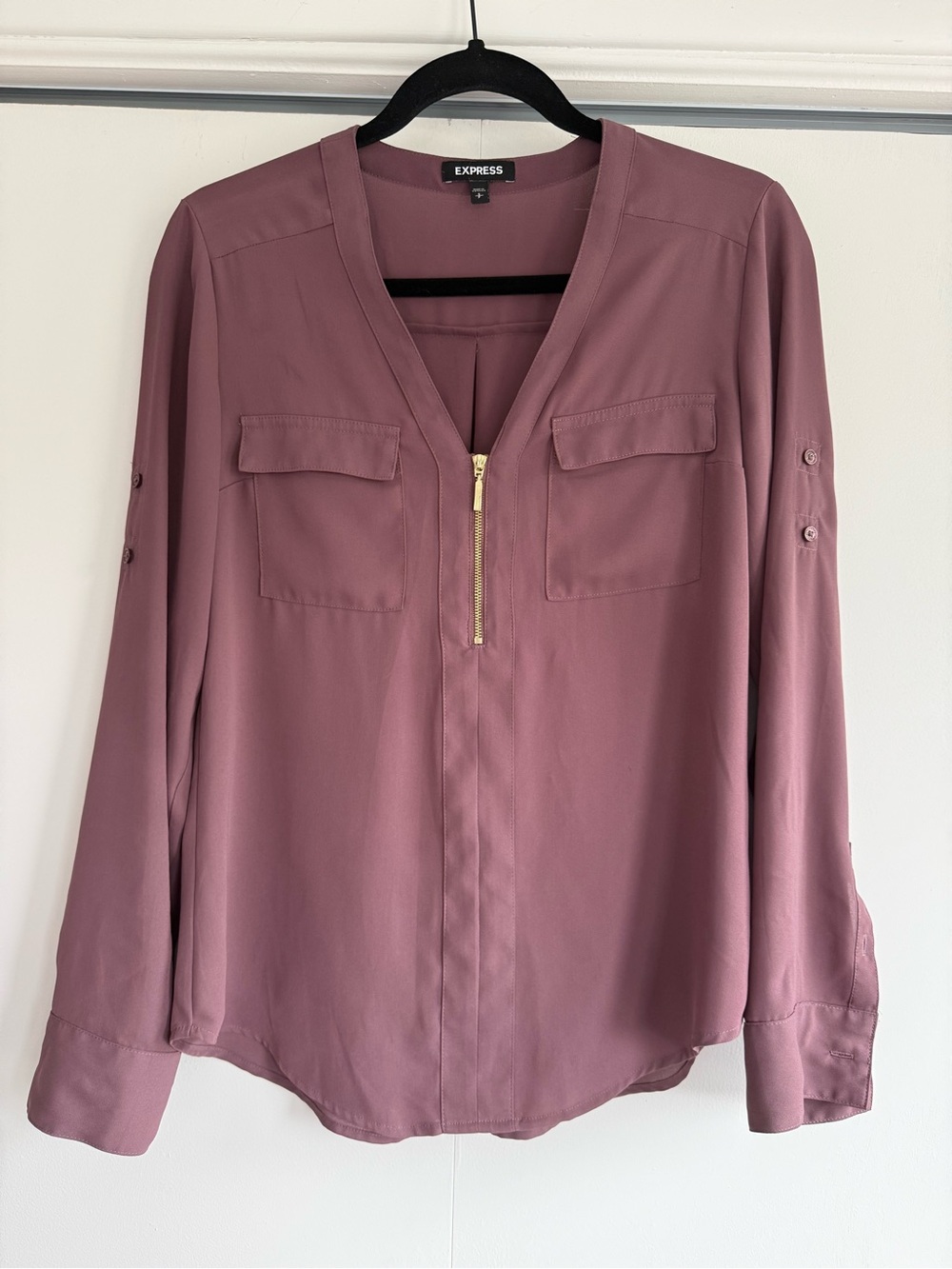 Express Mauve Zip-Front Portofino Blouse Sz S